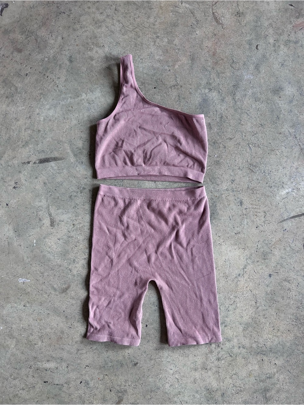 One-Shoulder Crop Top and Biker Shorts Set - Dusty Mauve